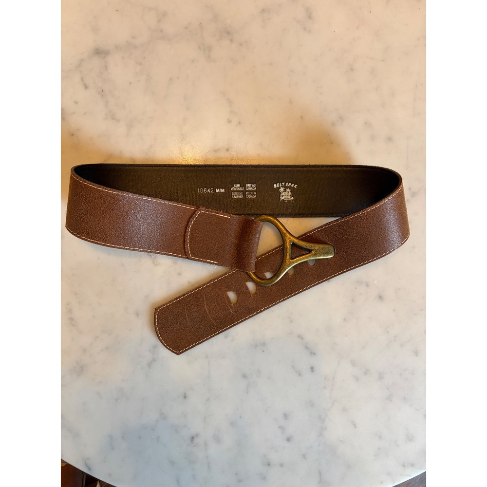 80s - 90s Belt Shak Wide Brown Leather Belt with Heavy Brass Buckle Canada Y2K M